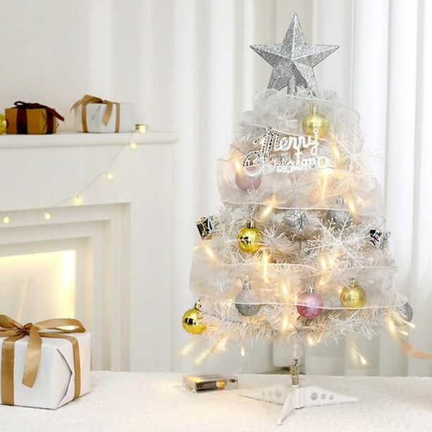 Adornos navideños, árbol de Navidad blanco de 17,7 pulgadas, mini árbol de Navidad de mesa con luces LED, adornos de cadena, árbol de Navidad de mesa a batería para Navidad, plantas decorativas navide