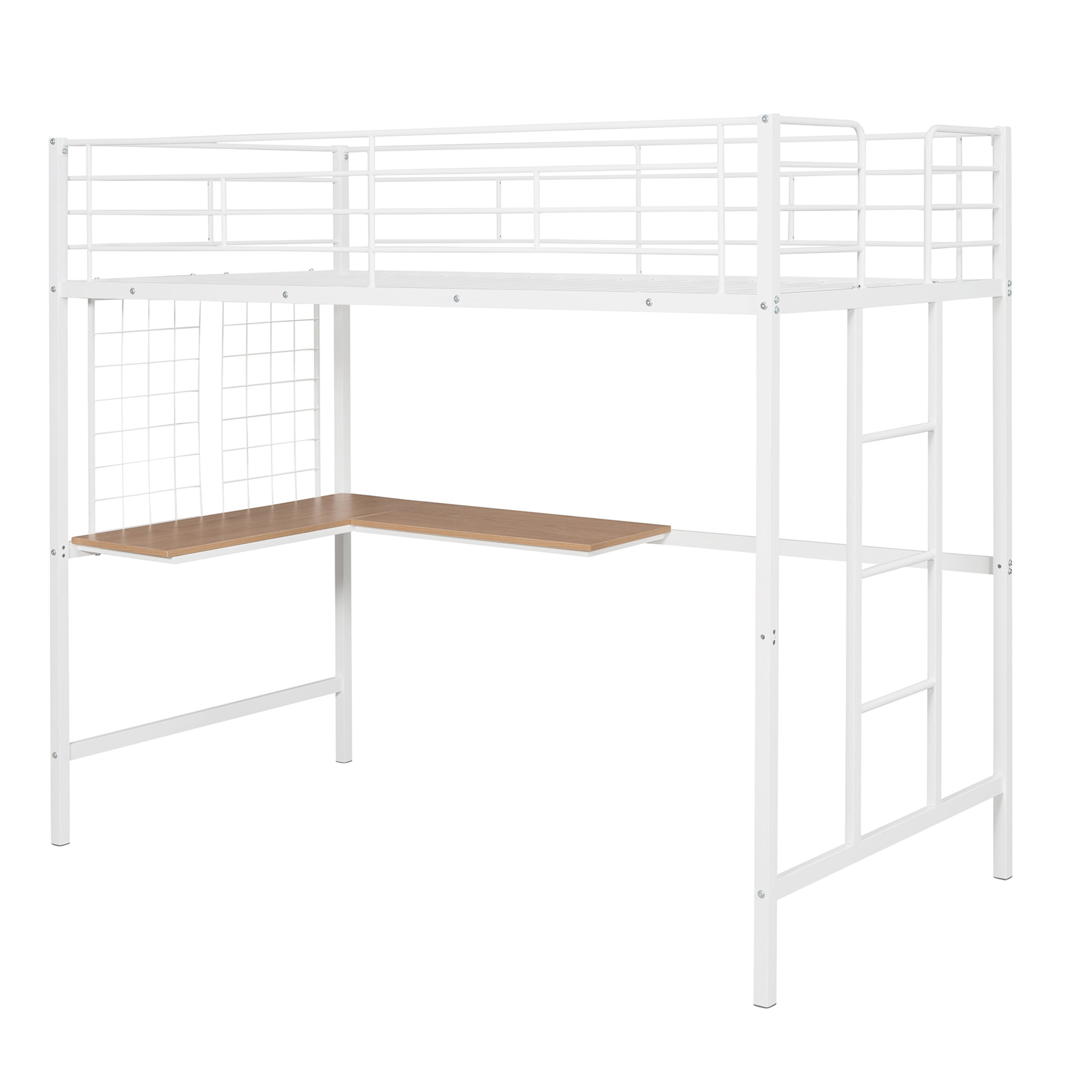 Aukfa Twin Loft Bed with L Shape Desk, Heavy Duty Metal Bed Frame for Kids Teens, White