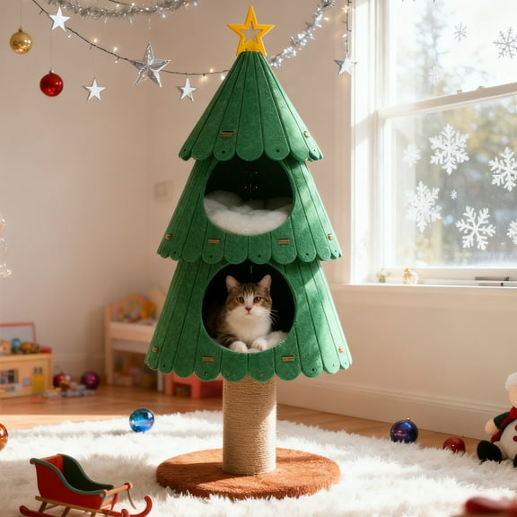 42.9" PEQULTI Christmas Cat Tree for Indoor Cats Cat Tower with 2 Cozy Houses Cat Furniture Green
