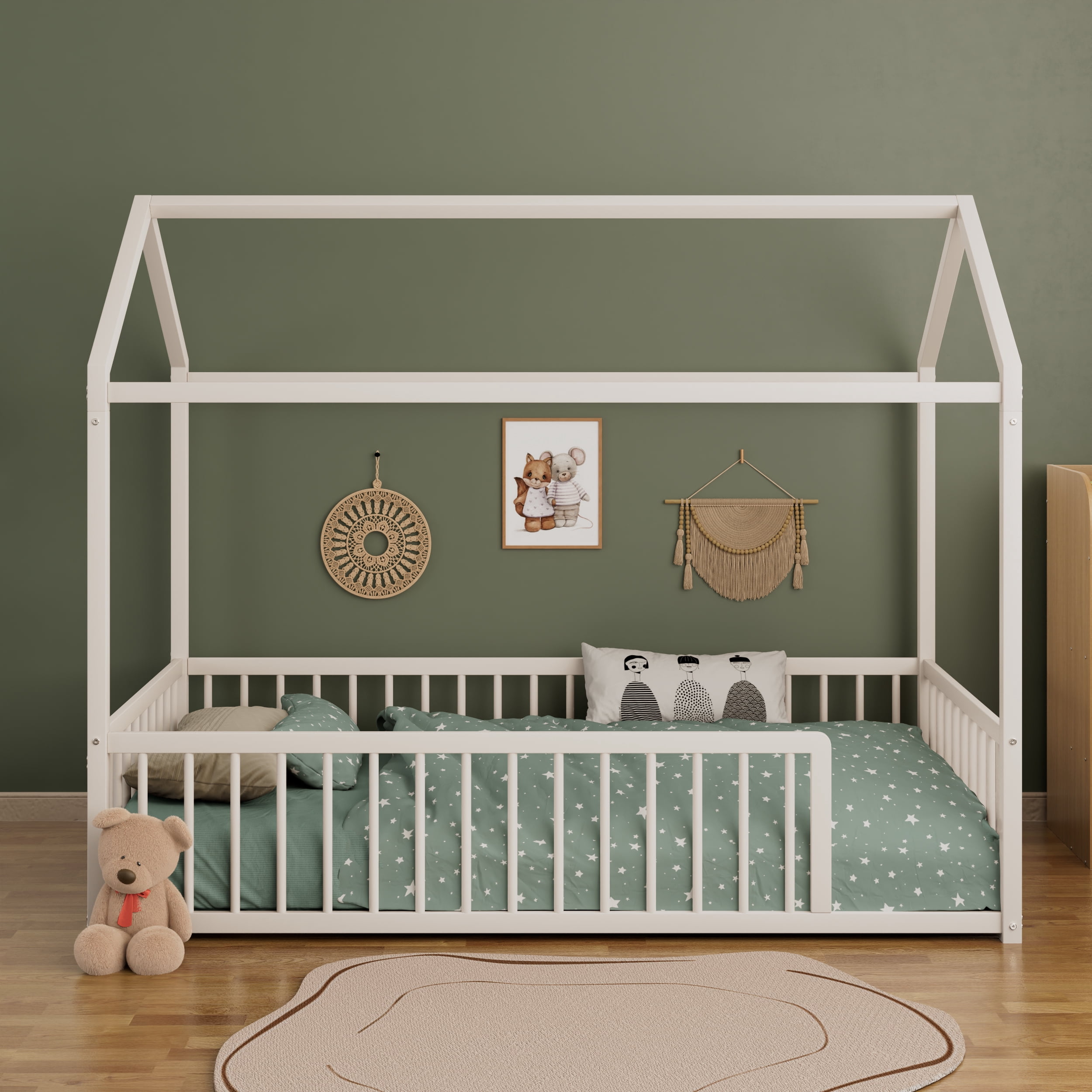 Euroco Metal Twin Size Canopy Bed, Low Profile House Bed with Guardrails, White