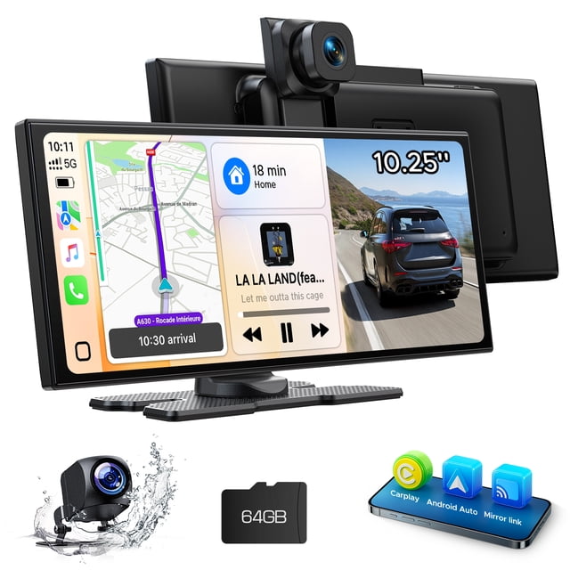 LAMTTO Wireless CarPlay Screen for Car 10.25" Portable Apple CarPlay & Android Auto Touchscreen with 2.5K+1080p Dash Cam, GPS, Bluetooth, AirPlay, Siri, 64GB Card