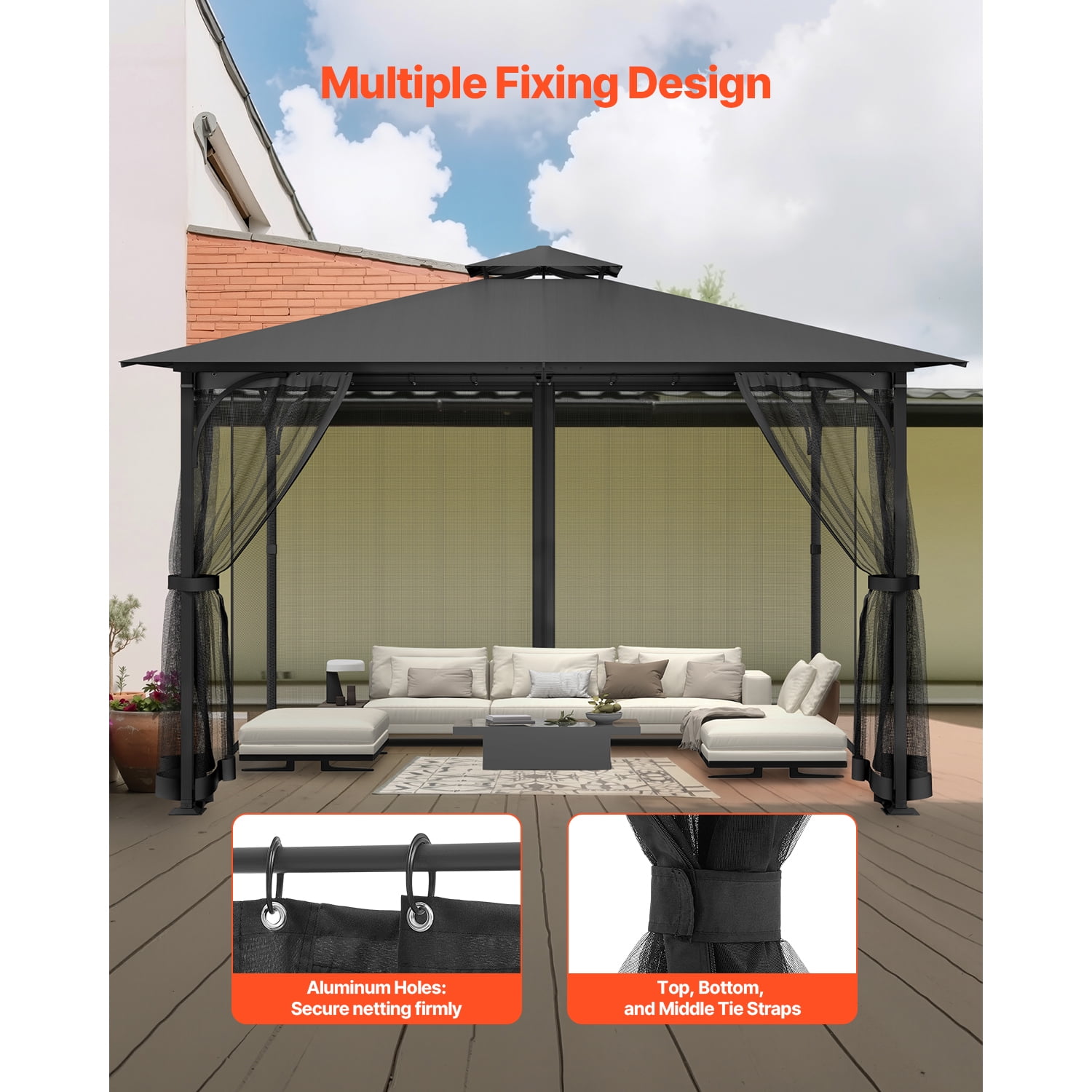 KFFKFF Gazebo Netting Replacement, Compatible with 10 x 13 x 6.8 FT Gazebo, Outdoor Mesh Sidewalls for Garden, 4-Panel Patio Screen with Double Zipper Closure