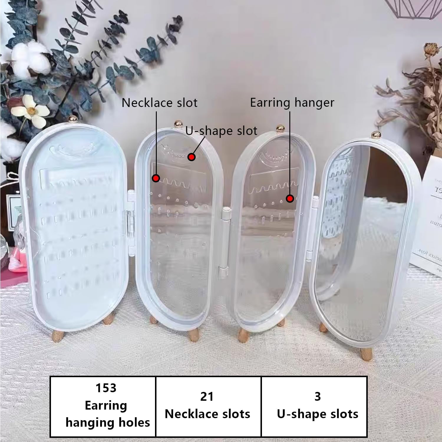 Earring Organizer Box, Jewelry Holder Organizer for Necklace Earrings Rings Bracelets,Large Jewelry Organizer With 4-Layer Dustproof 153 Stud Earrings Hanging Hole 21 Necklace Groove 3 "U" Groove