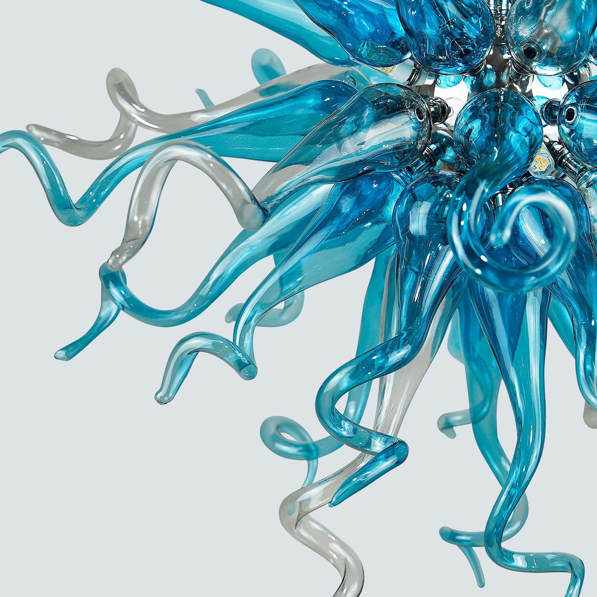 Longree Modern Adjustable Height 6-Light LED Chandelier, Blue Blown Glass Pendant Lights-28"Dia