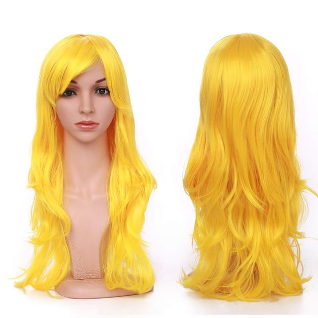 23 pulgadas de largo amarillo anime cosplay peluca pelo sintético rizado ondulado pelucas completas con flequillo para mujeres niñas dama fibra japonesa resistente al calor para fiesta de Halloween di