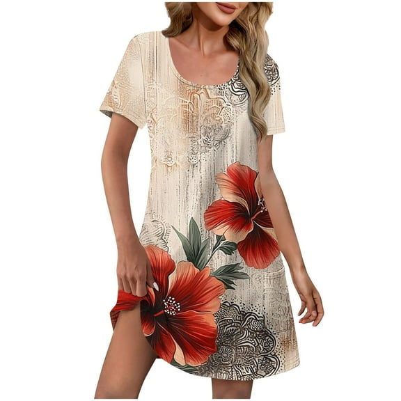 QQAMB Summer Dresses for Women Loose U Neck Short Sleeve Casual Beach Vacation Tshirt Dress Sundresses wih Pockets Khaki S