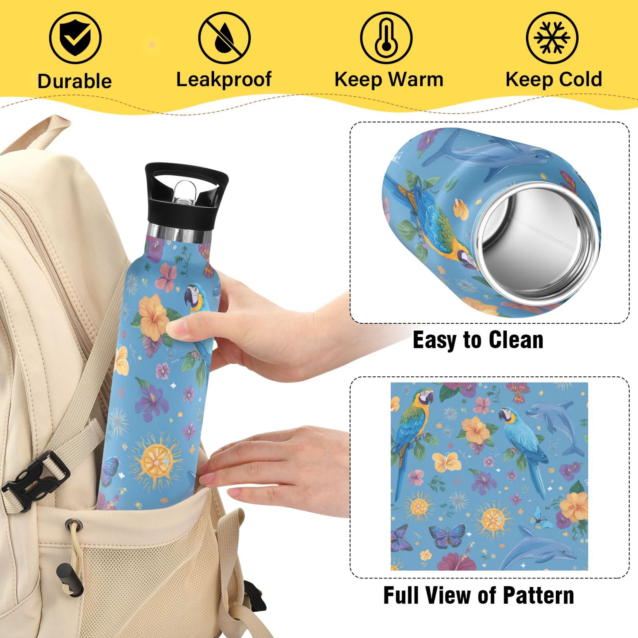 Kids Insulated Stainless Steel Sports Water Bottle 600ml (20oz) Parrots and Dolphins Pattern