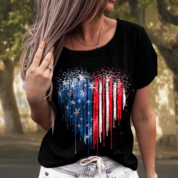 Imprimir Camisetas Casuales Camiseta suelta para mujer 4 de julio Camiseta con rayas de estrellas Camisetas de verano para mujer (Negro L) Cgtredaw Para estrenar