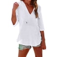 thumbnail image 3 of Women's Cotton Linen Hooded Cover Up, 3/4 Sleeve V-Neck Pocket Shirt, Lightweight Beach Kimono for Bikini Cover, Summer Vacation, and Resort Wear-White, 3 of 10