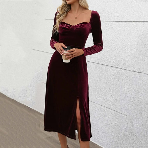 BVOFAR Women's Velvet Long Sleeve Dress Square Neck Bodycon Long Dresses High Slit Solid Color Vintage Gowns Cocktail Party Dress