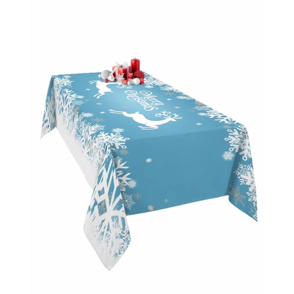 Rectangle Tablecloth 60 x 120 Inches Merry Christmas Reindeer Snowflakes Blue Waterproof & Stain Resistance Table Cloth Decorative Fabric Table Cover for Dinning/Party/Buffet/Banquet