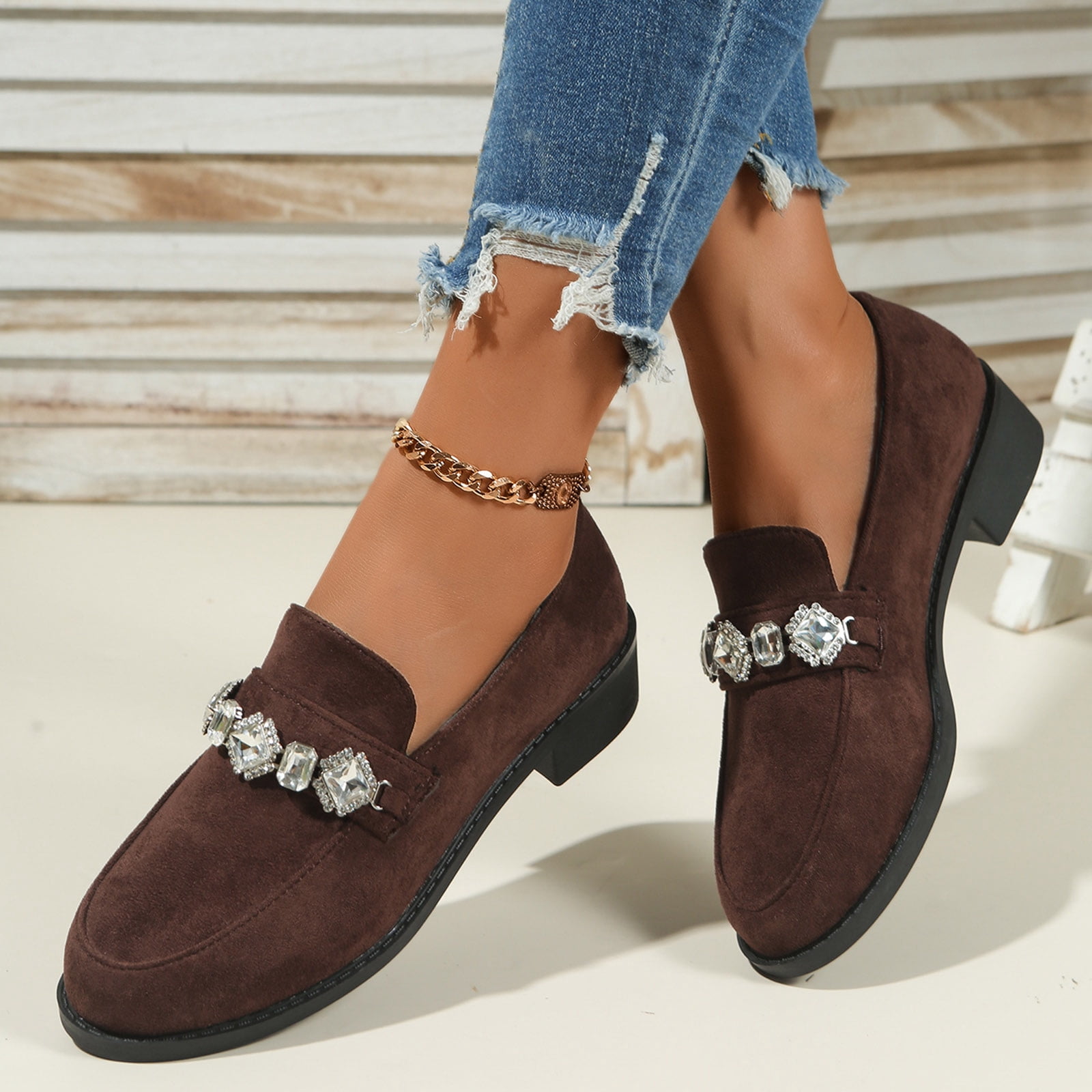 Suede Loafers for Women Comfortable Slip On Glitter Rhinestone Dress Shoes Block Low Heel Non Slip Fall Shoes Brown Size 7.5