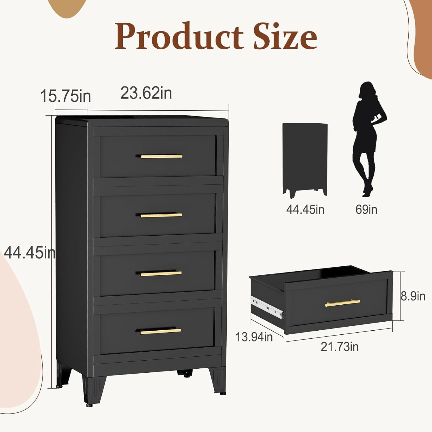 Erosoei Modern Metal Nightstand 4 Drawer Dresser for Bedroom