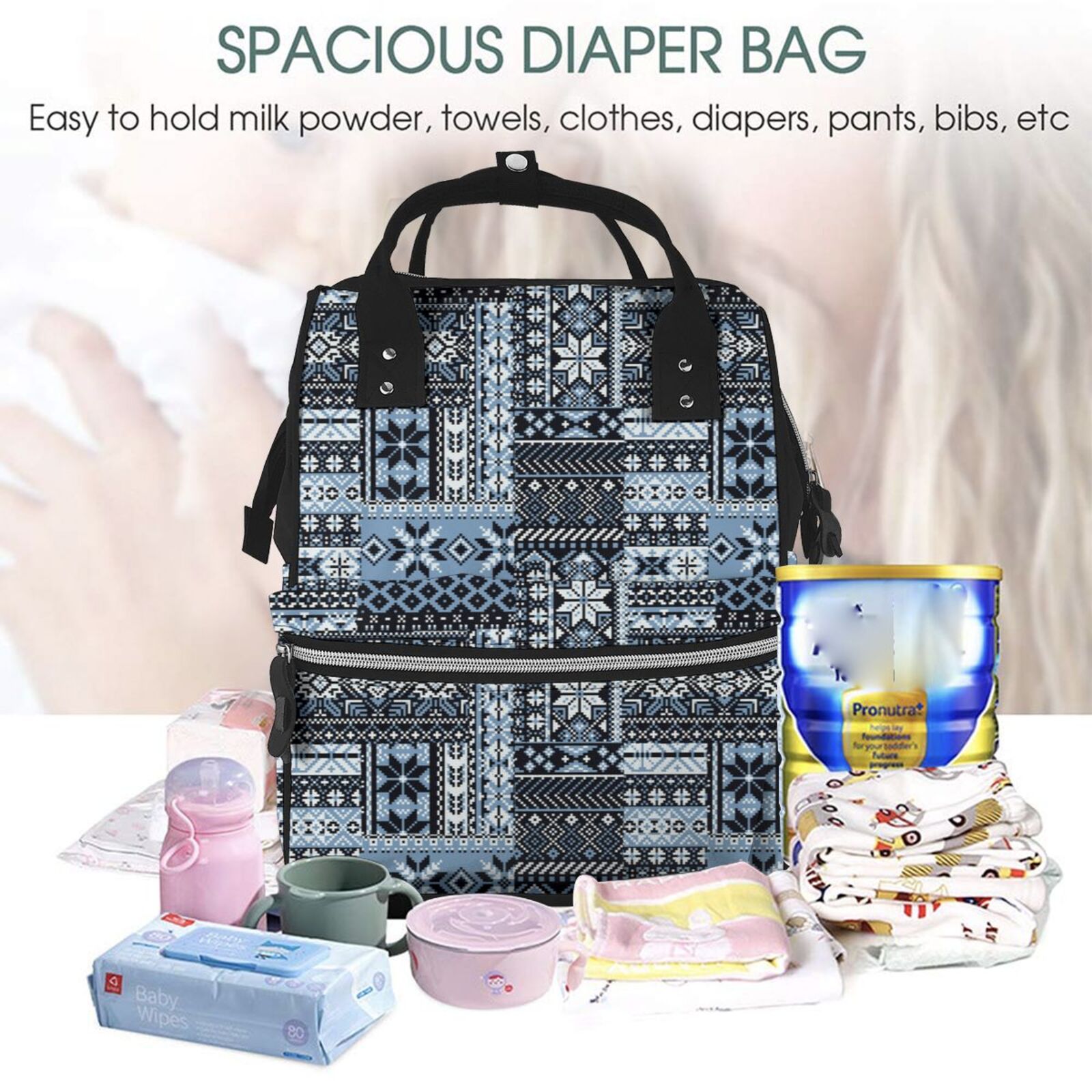 Fuzoiu Snowflake Vintage Pattern Print Diaper Bag Backpack,Baby Essentials Travel Tote,Multi function Waterproof Diaper Bag, Travel Essentials Baby Bag - Unisex