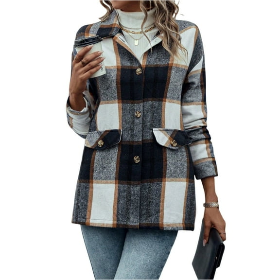 Women's 2025 Fall Clothes Plaid Shacket Jacket Long Sleeve Button Down Flannel Shirts Fashion JacketNavy 4XL