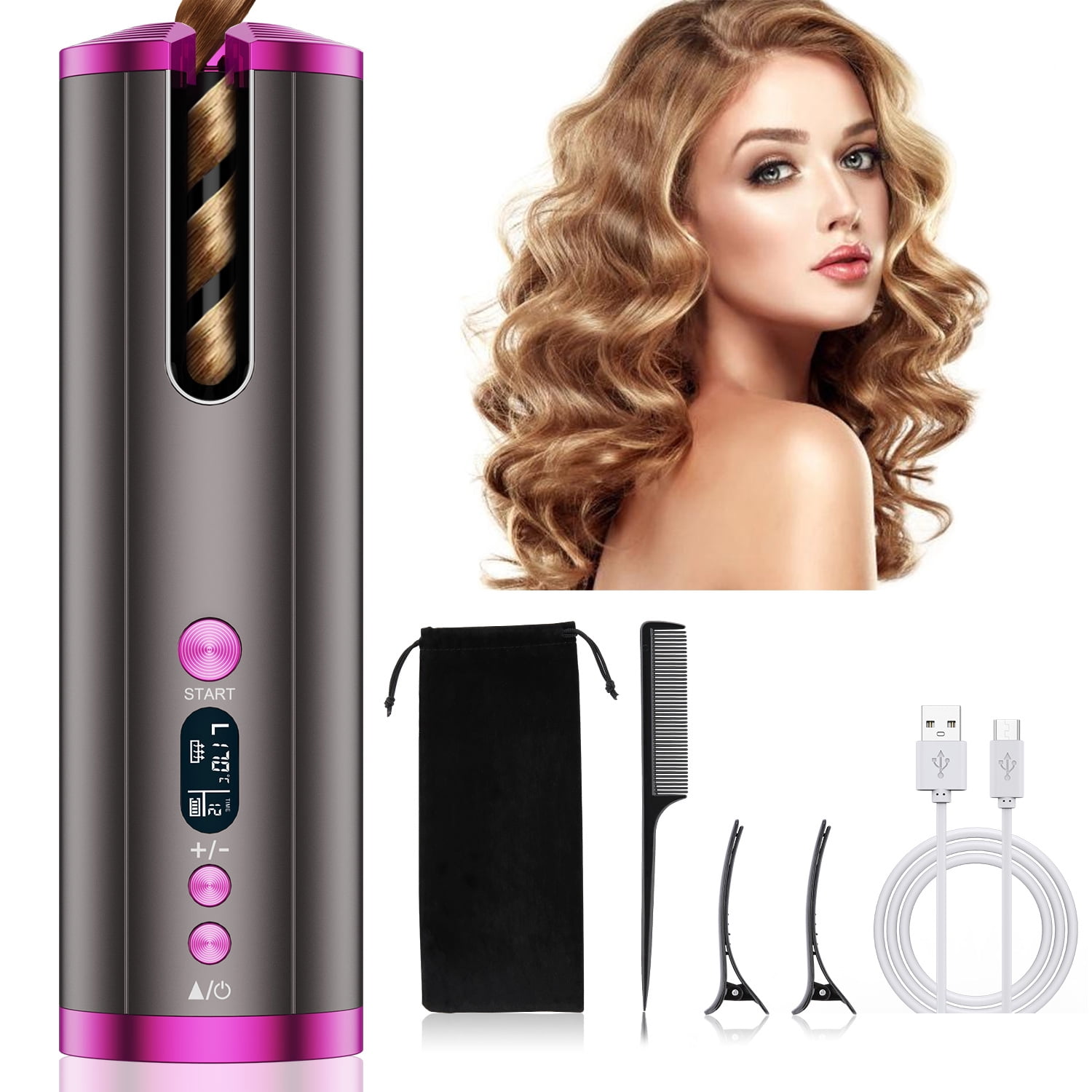 YELITE Hair Curling Iron, Cordless Auto Hair Curler with LCD Display, Wavy Hair  Curling Wand Best Gift for Mom Mother's Day, Gray 