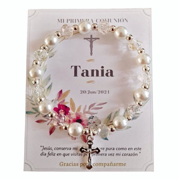 Pulsera Perla blanca, Cristal transparente Y Dije De Cruz, Recuerdo Con Tarjeta Personalizada Para Bautizo, Primera Comunión, Confirmación, Boda, xv Años,etc.Paquete de 10 Piezas
