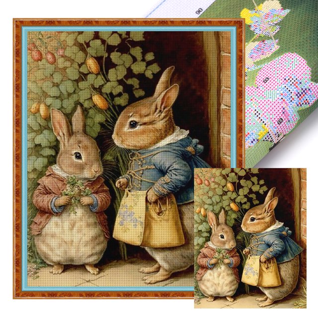 Hilo Algodón Ecológico Bordado Punto Cruz Con Conejo Y Mamá 11CT 40x50cm