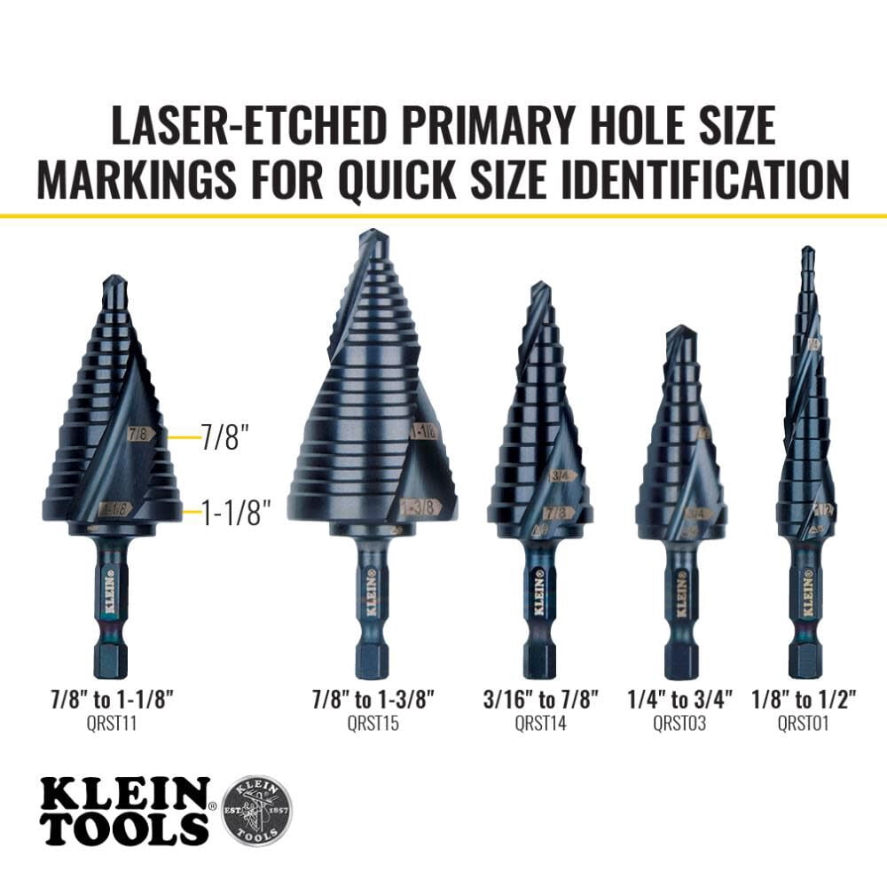 Klein Tools 7/8In To 1-1/8In Quick Release Sprial Flute Step Drill Bit
