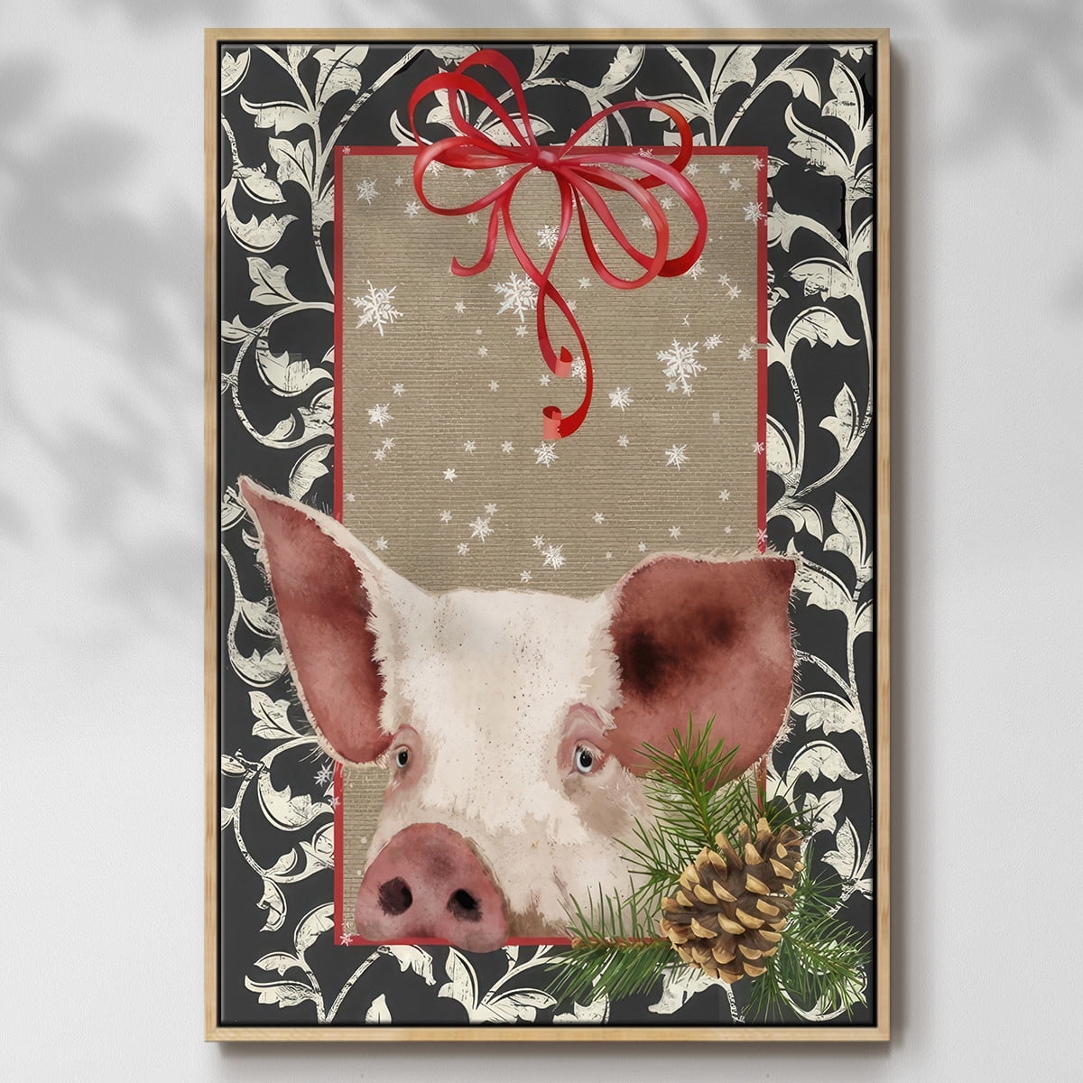County Christmas Farm II - Framed Gallery Wrapped Holiday Canvas - 17 x 25 - Natural Wood Frame