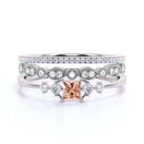 Anniversary Ring Minimalist 1.75 Carat Princess Cut Morganite And Diamond Moissanite Engagement Ring, Dainty Wedding Ring in 925 Sterling Silver With 18k White Gold Plating, Trio Set, Matching Band