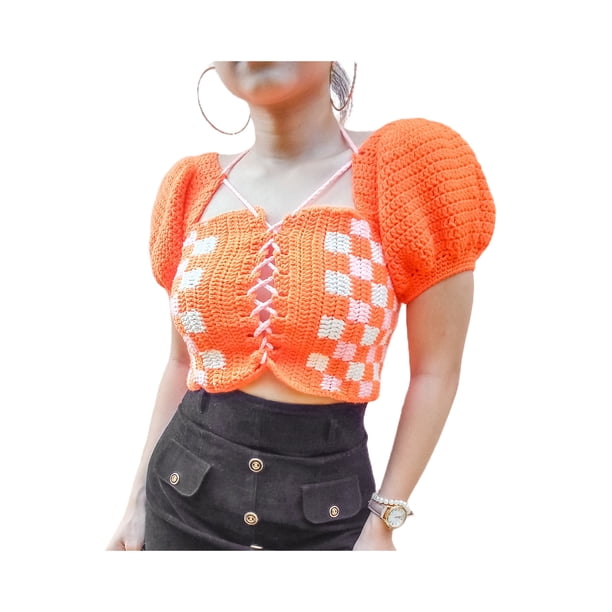 Sunloudy Tops cortos para mujer, cuello cuadrado, manga corta, contraste de color, estampado a cuadros, suéter, camisa de punto para damas jóvenes Sunloudy S M L