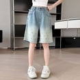 thumbnail image 2 of Girls Embroidered Denim Bermuda Shorts, Kids Elastic Waist Loose Fit Summer Casual Five Pocket Jean Shorts(Green,9-10 Years), 2 of 9