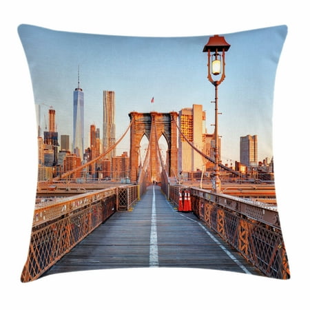 New York Throw Pillows City Throw Pillow Cushion Cover, New York Skyline Closeup Brooklyn Bridge in Manhattan over Hudson River, Decorative Square Accent Pillow Case, 16 X 16 Inches, Orange Pale Blue Grey, by Ambesonne ()