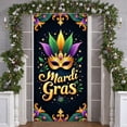 thumbnail image 7 of Feather Decorated Mardi Gras Banner Jeweled Mask Festival Backdrop Purple Green Gold Ornate Design Celebration Display for Mardi Gras Party Carnival Celebration Festive Gathering, 7 of 7
