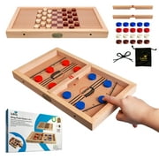 Kiditos Fast Sling Puck Game 2-in-1, Wooden Board Game, Portable and Sturdy Desktop Toy, Checker Board Game, Tabletop Game for Kids and Adults 15.35" x 9.06" Board with Color Puck for School or Travel