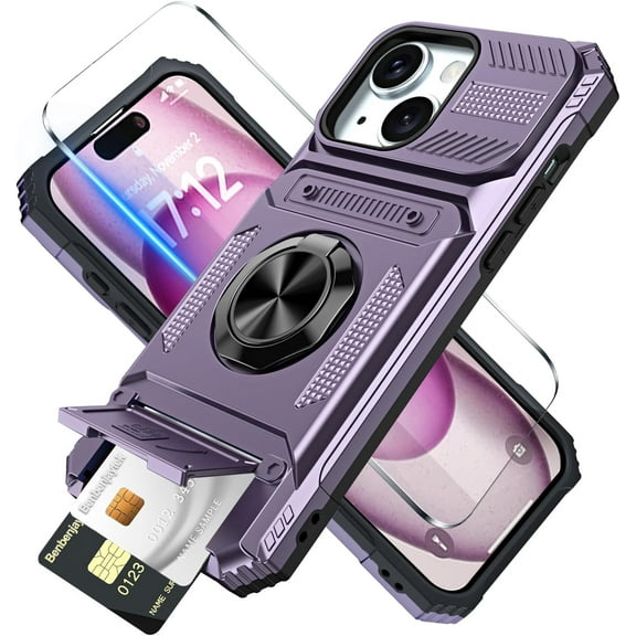 for iPhone 15 Plus Wallet Case with Card Holder 1 Screen Protector, (2 Cards) & 360°Ring Kickstand Military Grade Drop Shockproof Rugged Case for iPhone 15 Plus 6.7" (Purple)