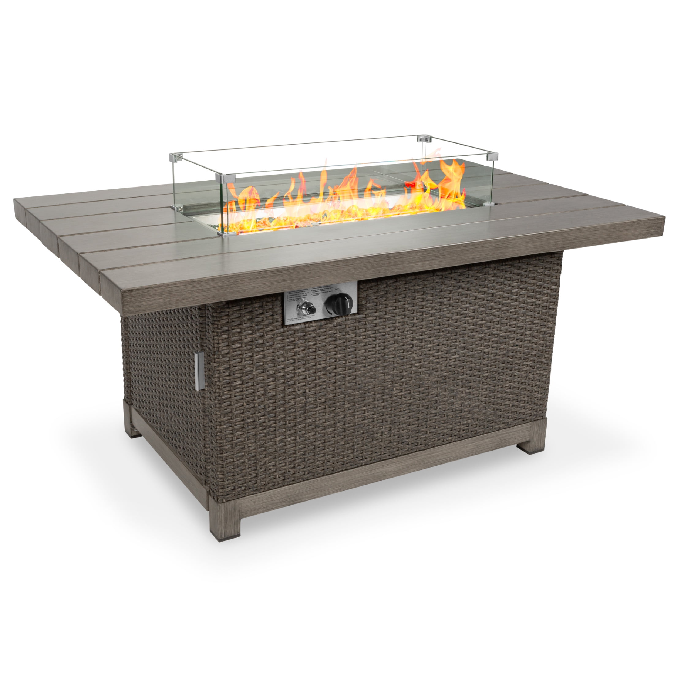 Best Choice S 52in Outdoor Wicker Propane Fire Pit Table 50 000 Btu W Glass Wind Guard Tank Holder Cover Brown, Round Wicker Fire Pit