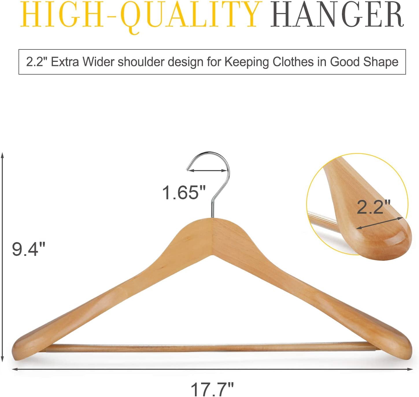 White Wooden Coat Hanger 6 Pack, Wood Suit Hangers,Glossy Finish with Extra-Wide Shoulder, Thicker White Hooks & Anti-Slip Bar,Suitable for Coat, Suit,Dress,Jacket,Heavy Cloth