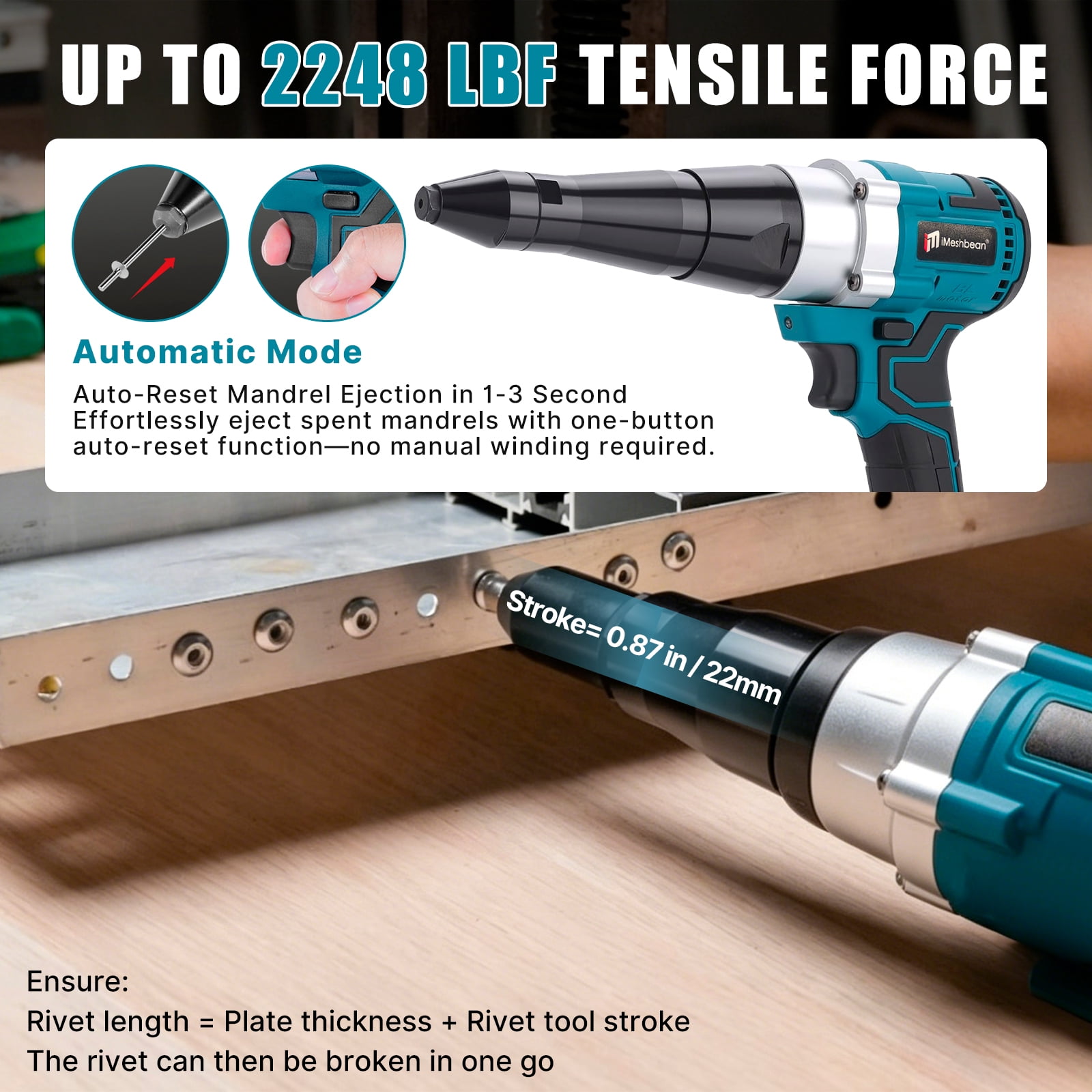 iMeshbean Cordless Rivet Gun Tool, 21V Electric Automatic Brushless Blind Riveter Professional Kit with 2 x3.0Ah Battery & Charger for Stainless Steel, Steel, Aluminum Rivets