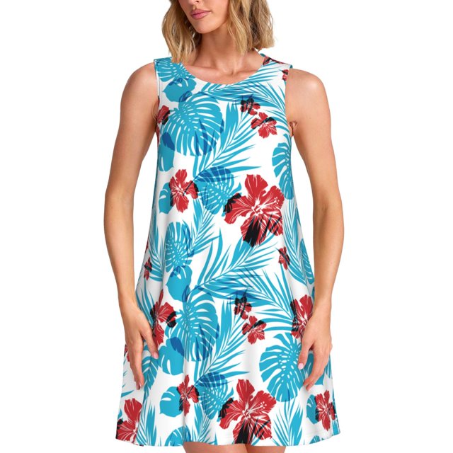 Fotbe Hawaiian Style Vestido de Verano sin Mangas para Mujer – Vestido Midi Línea A, Estilo Camiseta Floral, Vestido Playero Casual y Fluido