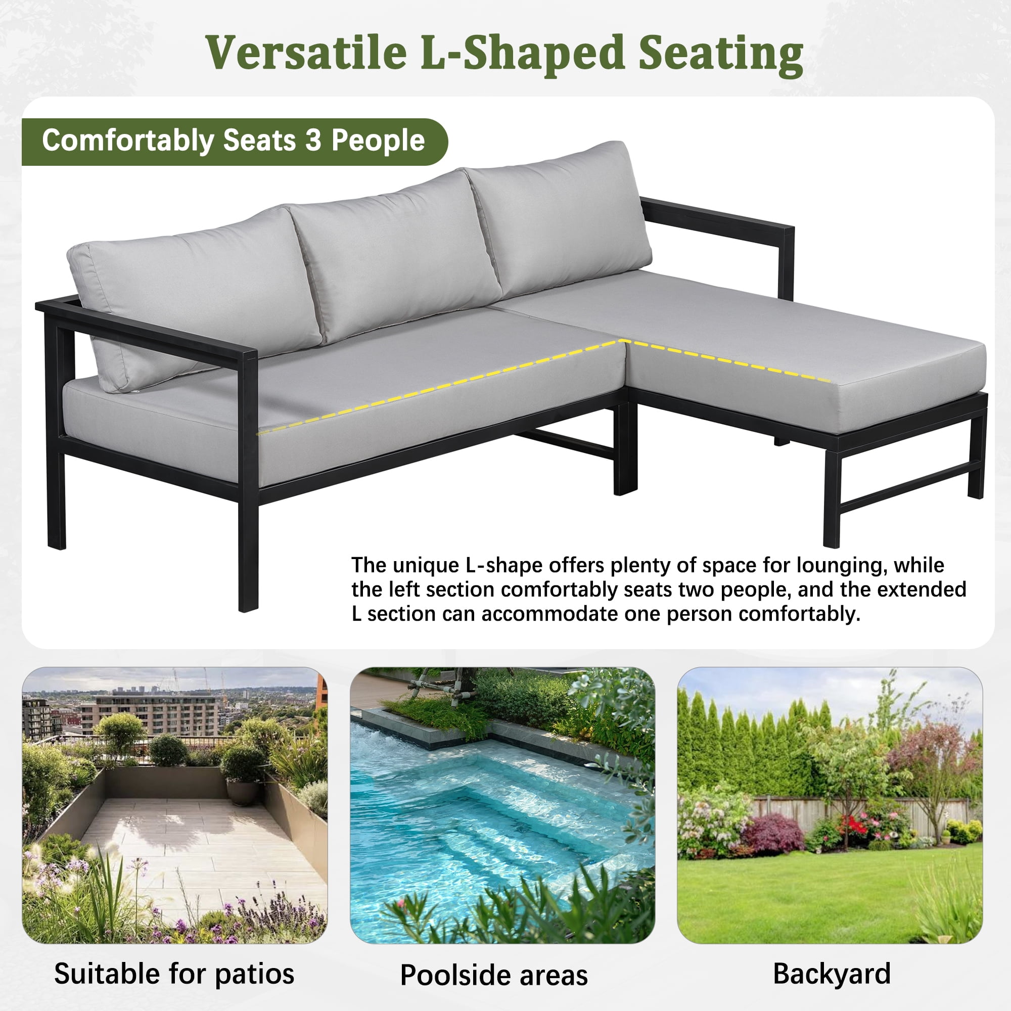 Outdoor L-Shaped Sectional Sofa with Iron Frame, Weather-Resistant Patio Set with 5.9 Inch Thick Cushions, Comfortable Seating for 3, Gray