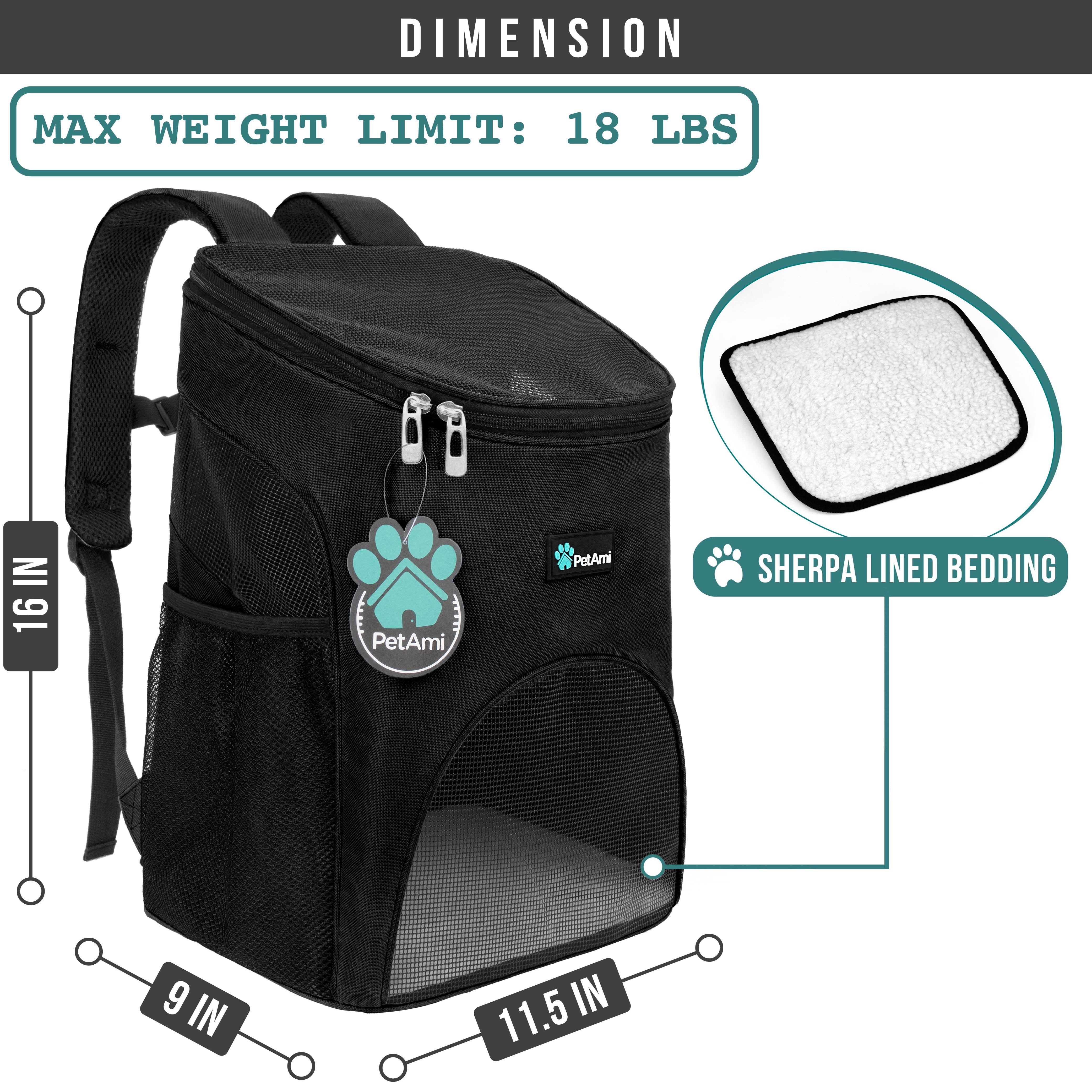 PetAmi Cat Backpack Carrier, Airline Approved Pet Carrier Backpack for Small Dogs and Large Cats, Soft Sided Collapsible Ventilated with Sherpa Bed for Hiking Travel, Max 18 lbs, Black