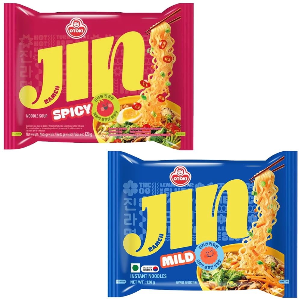 (2 pack) OTOKI Jin Ramen Korean Noodles 2 Flavor Combo Mild and Spicy 4 Packs