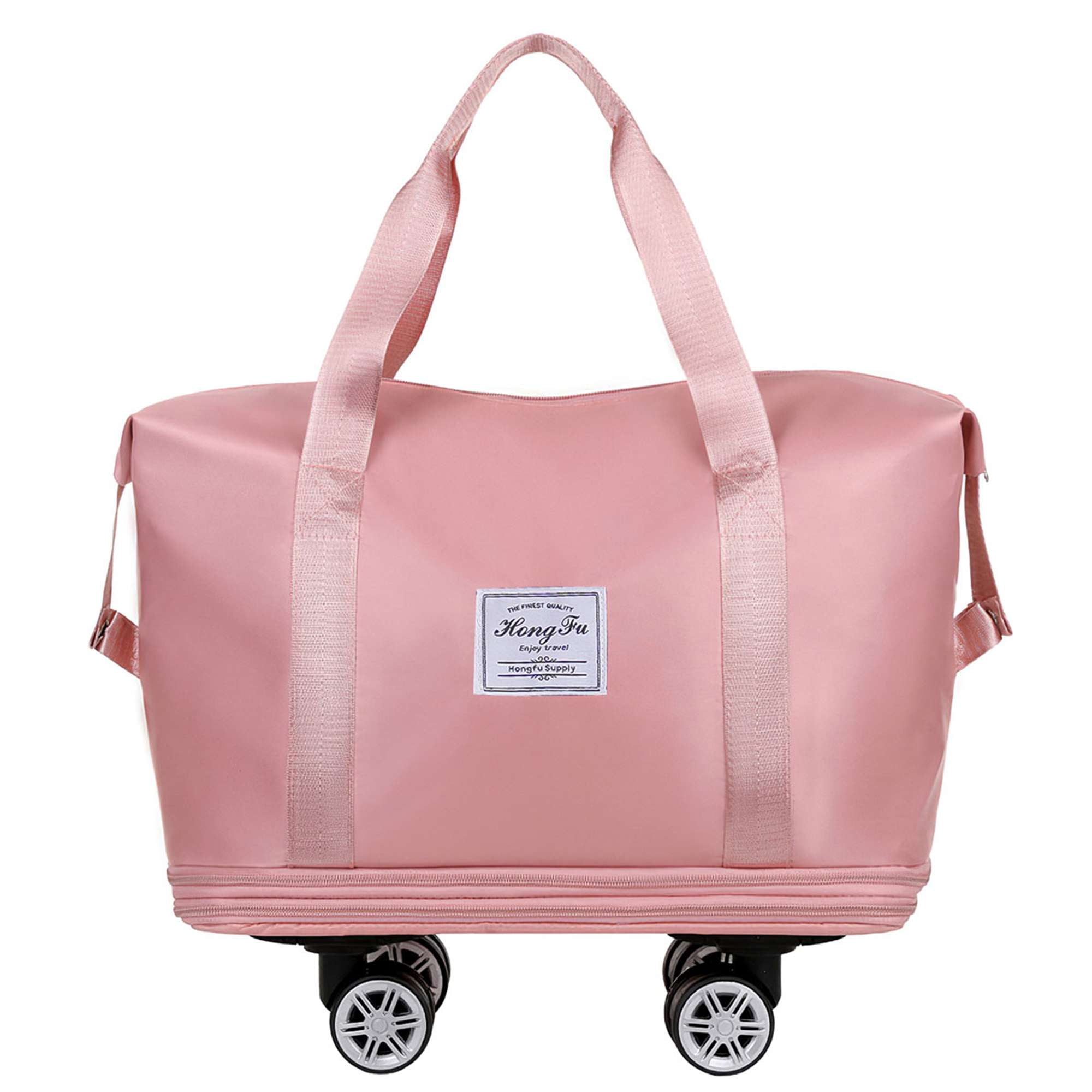 Gustave Expandable Duffle Bag for Travel with Wheels and Handle, Foldable Rolling Luggage Carry On Suitcase Weekender Travel Bags Large Capacity Waterproof, Pink