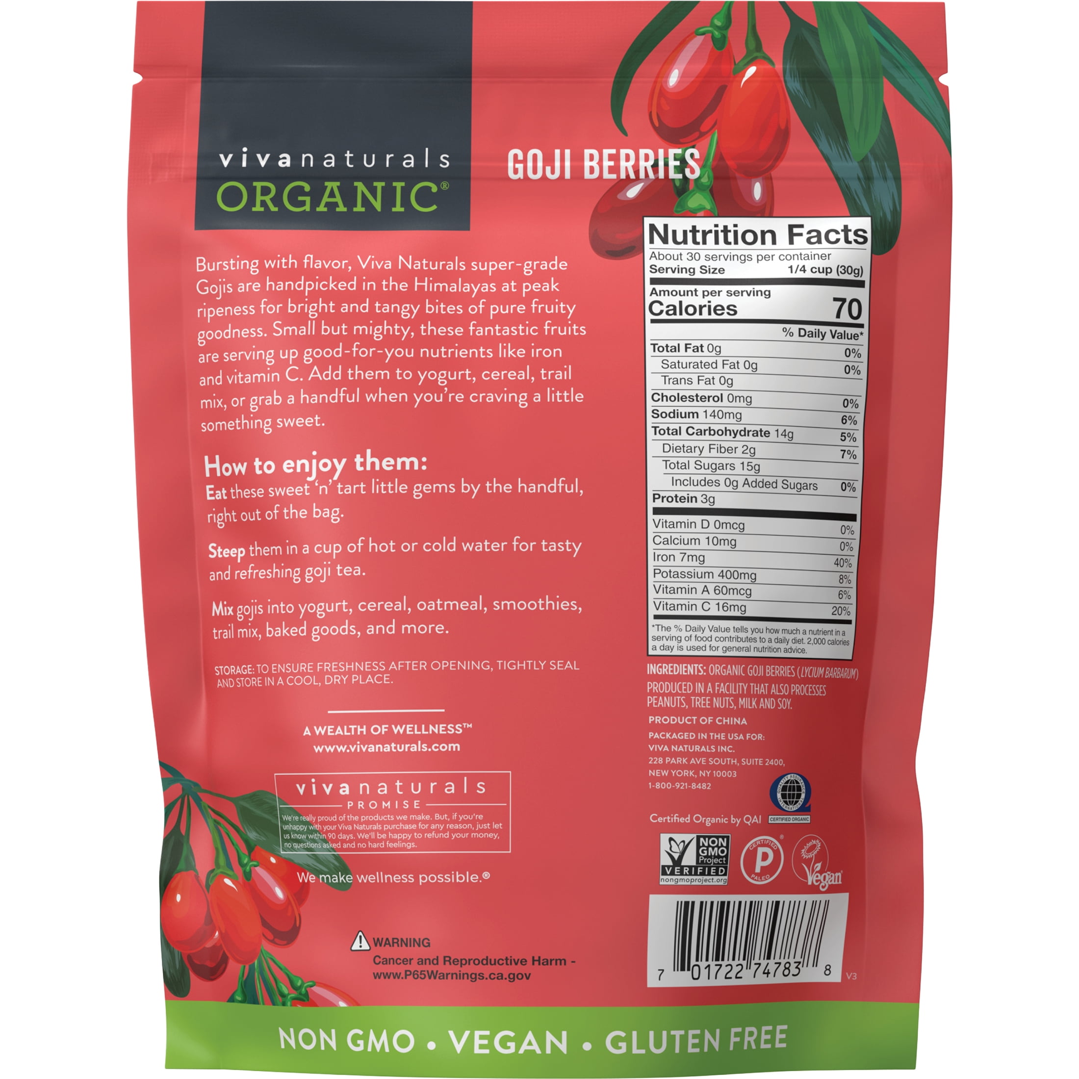 Viva Naturals Organic Goji Berries, 2 lb (Pack of 1) Handpicked