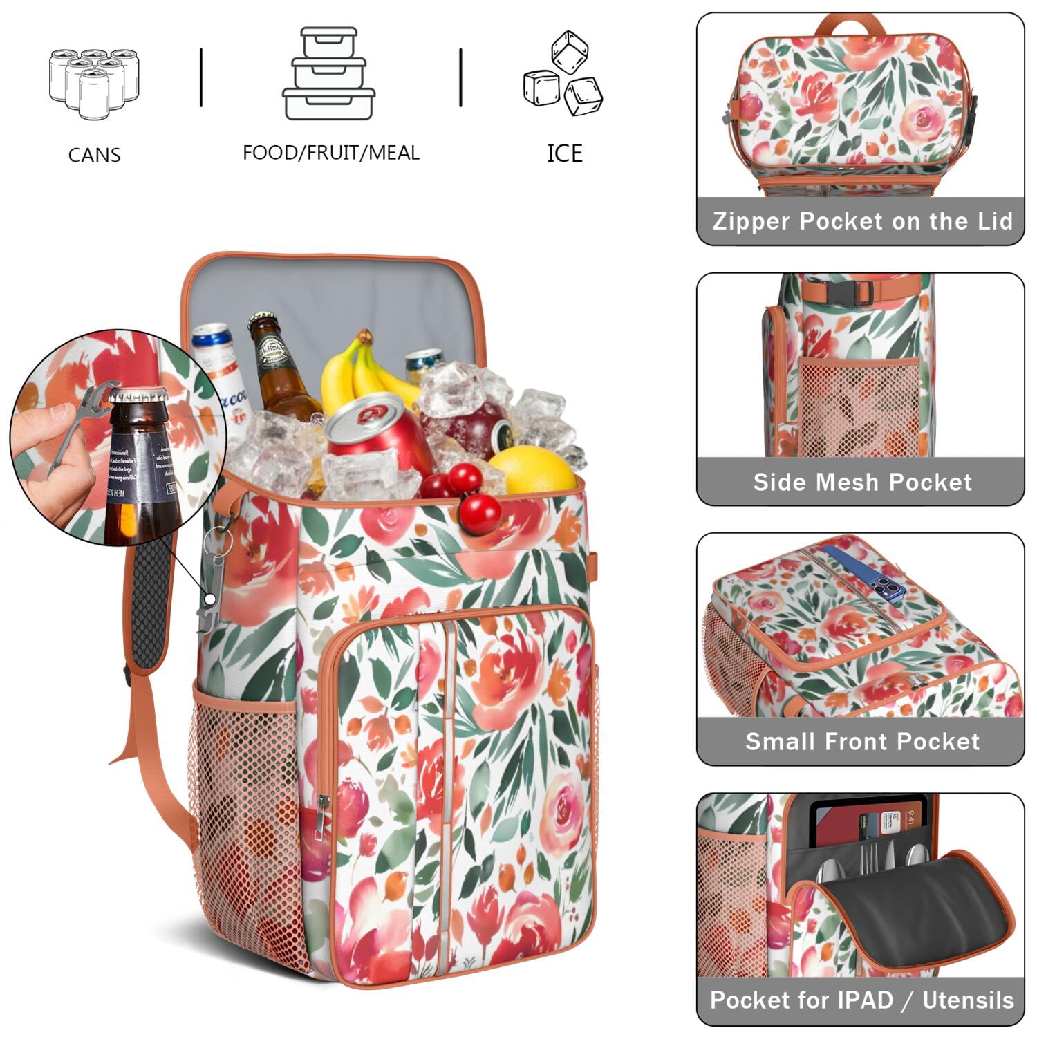 Travel Cooler Bag - Pioneer Flower Floral Print Pattern Camping Beer Cooler Backpack with Bottle Opener- Waterproof Insulated Picnic Backpacks - Cooler Bag for Beach
