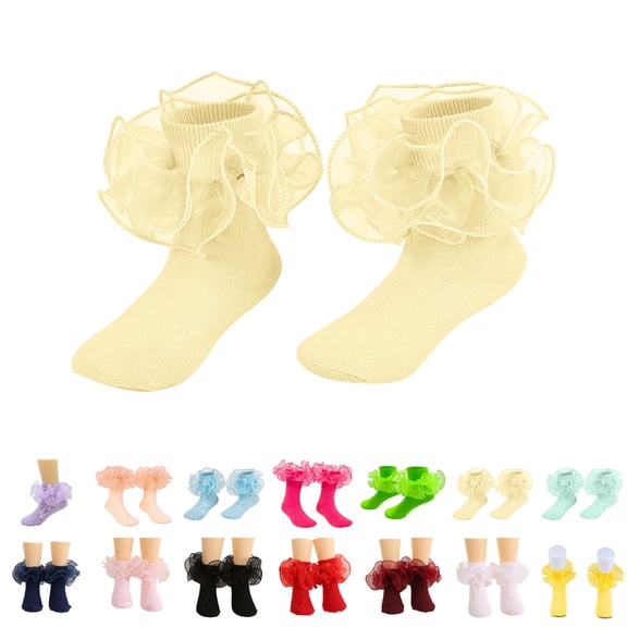 Bmisegm Girls Socks Lace Pure Color Combed Edge Knee High Socks for Student Dance Style Toddler Socks 6-18Y 01_Light Yellow,Over 10 Years