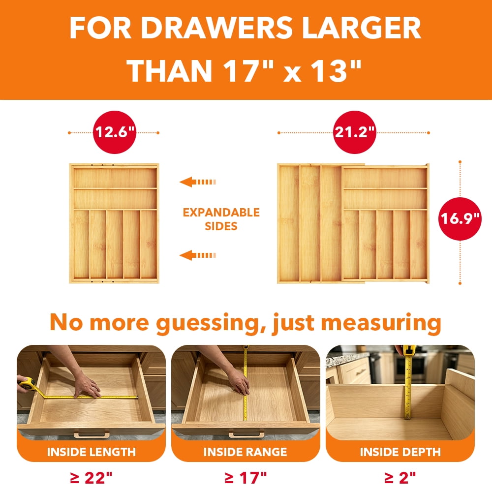 PLUMEBAY Bamboo Silverware Drawer Organizer with Labels, Expandable Kitchen Utensil Tray for Cutlery, Spoons and Knives, 10 Slot Drawer Organizer (Natural)