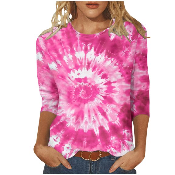 LYXSSBYX 3/4 Length Sleeve Womens Tops Fashion Women's Comfortable Round-Neck 3/4 Sleeve Print Casual T-shirt Blouse