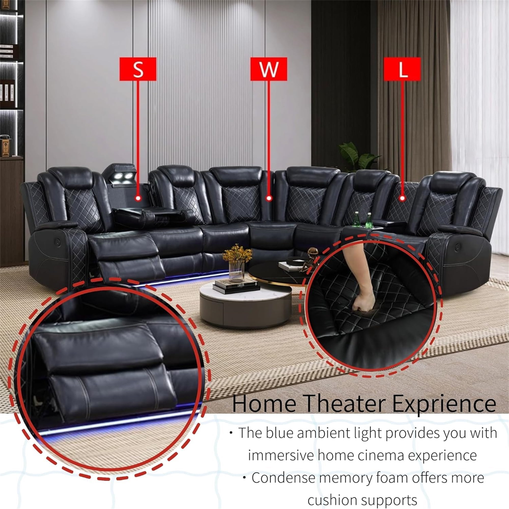 Aukfa 3-Piece Power Recliner Sofa Set 6 Seat Sectional Couch with LED Light, Cup Holders&Storage Console, Black