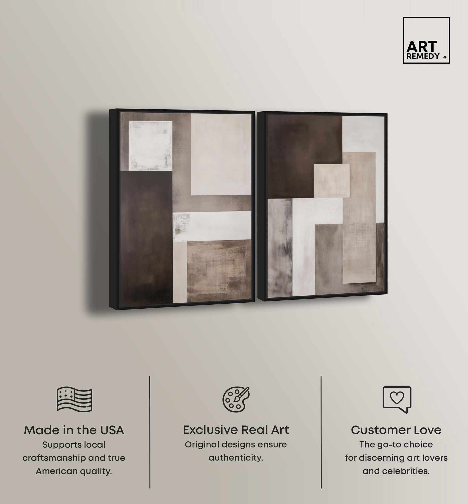 Quiet Geometries Set Canvas Print Brown Wall Art Set by Art Remedy, Black Frame, 36 x 54