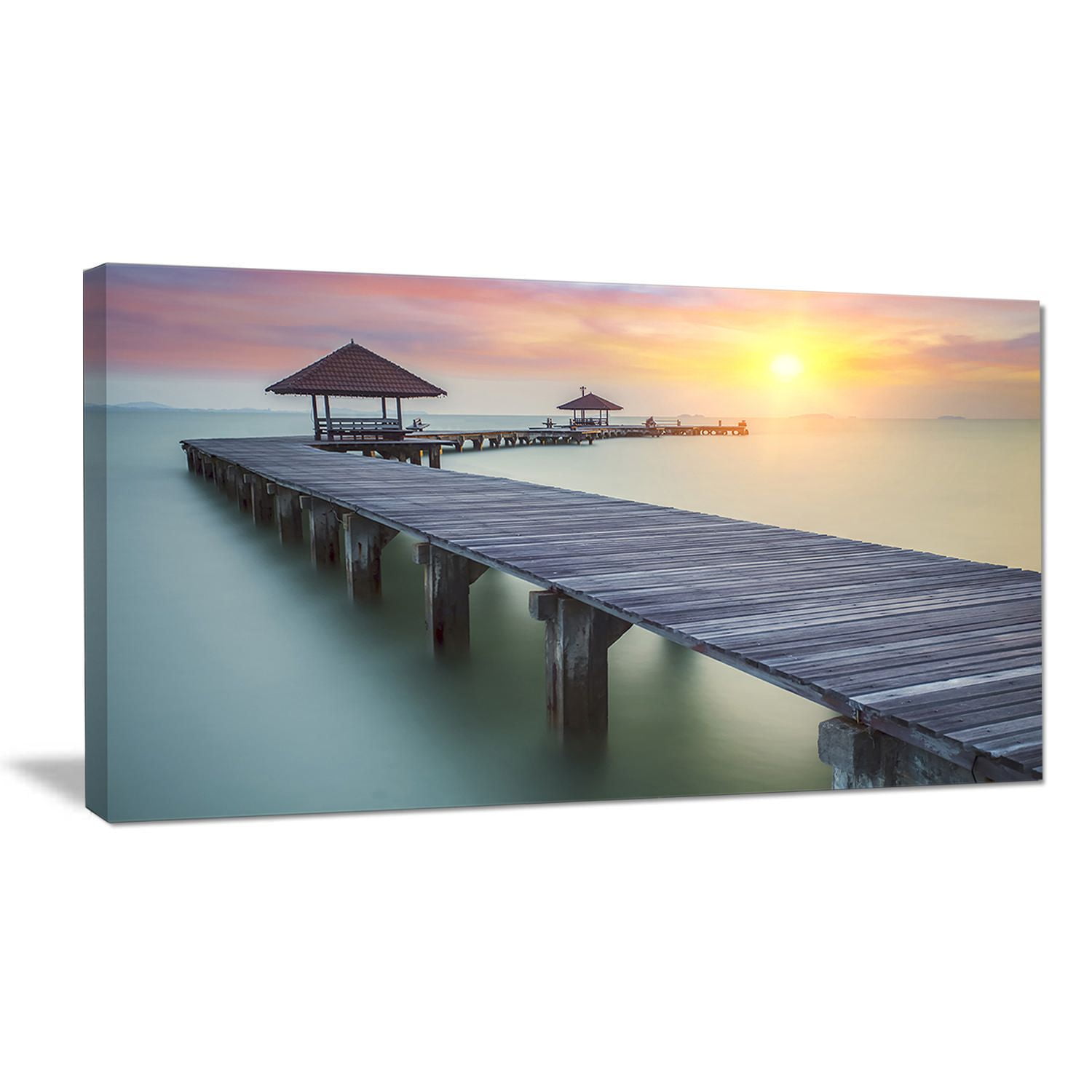 Design Art Wooden Sea Bridge And Sunset Seashore Photo Canvas Art Print