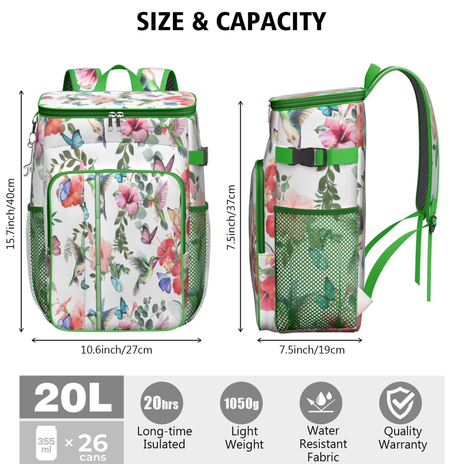 Travel Cooler Bag - Pioneer Flower Floral Print Pattern Camping Beer Cooler Backpack with Bottle Opener- Waterproof Insulated Picnic Backpacks - Cooler Bag for Beach