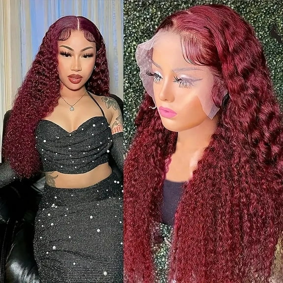 Fashionable synthetic wig with lace front and wine red curly hair