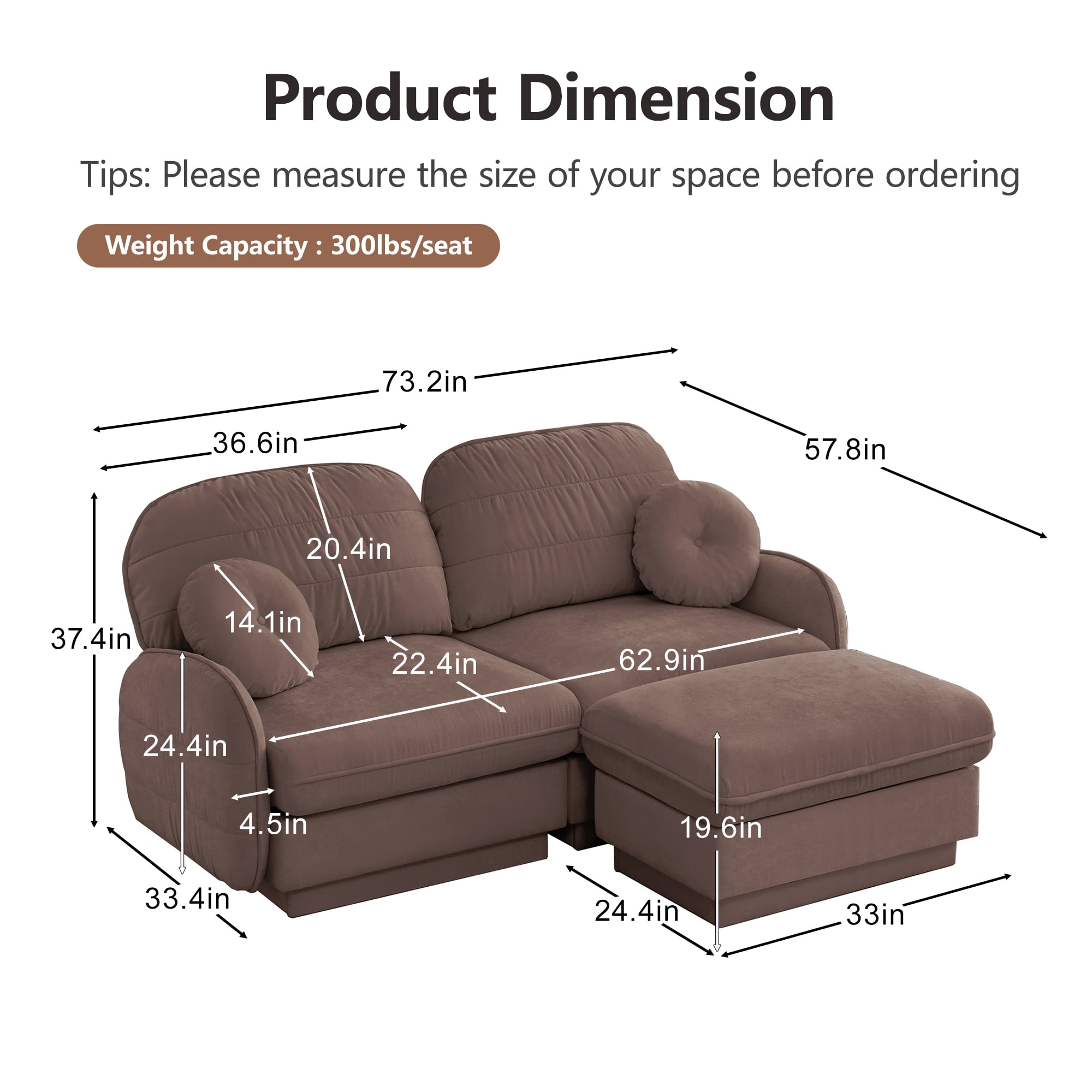 Mintazer Chenille Cloud Loveseat Sofa with Movable Ottoman and Round Pillows, L-Shaped Ergonomic Sofa Couch for Living Room, Bedroom, Rose Dust
